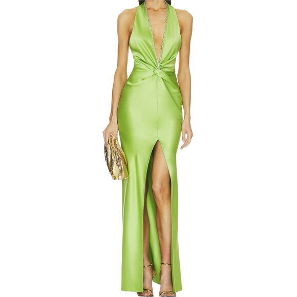 Revolve Khanums Maxi Dress Halter Rhinestone Slit Pear Green NWT Sz Large - Picture 3 of 15